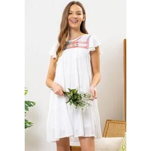Blu Pepper Linen Embroidered Boho Tiered White Dress Women's Size S NEW